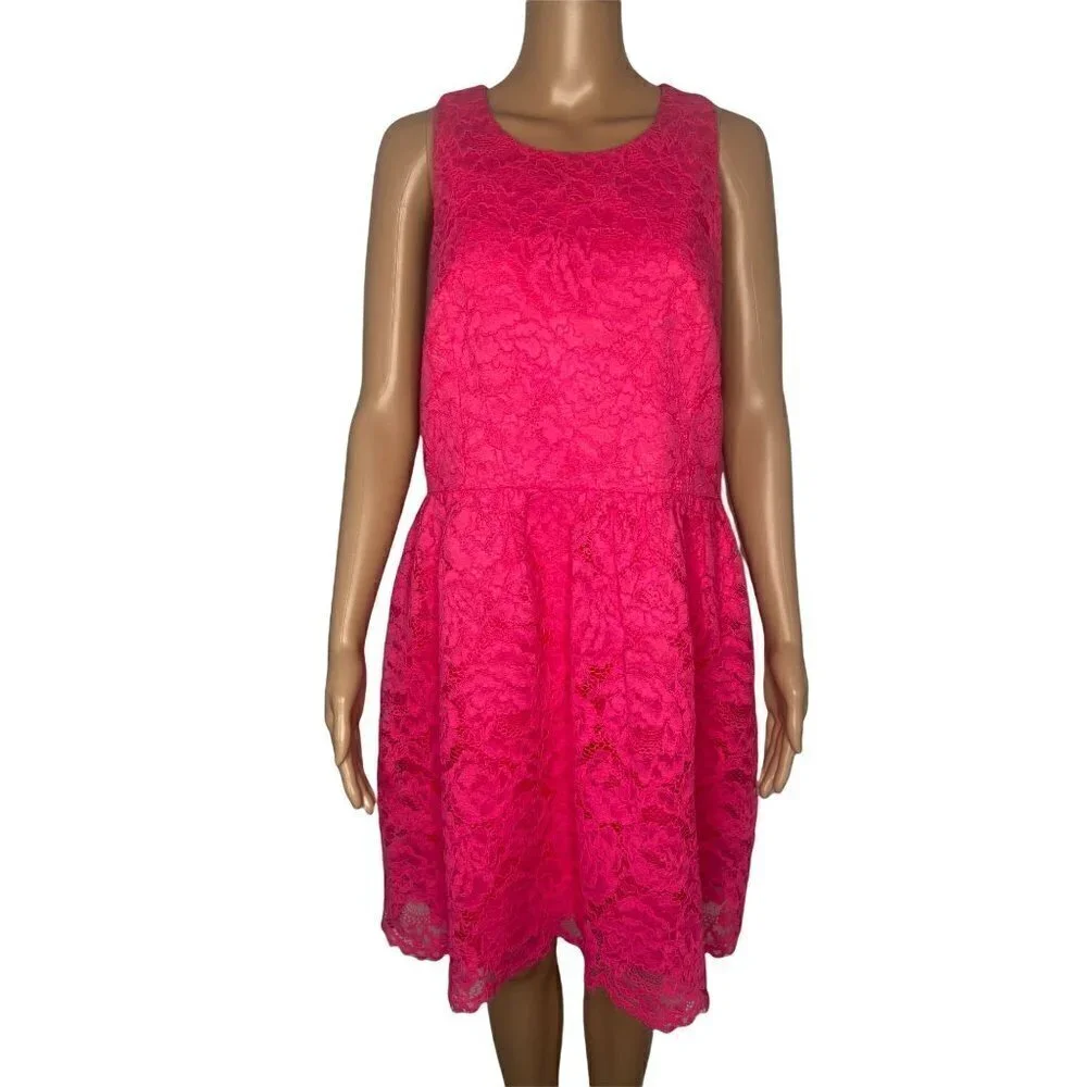 Trina Turk Lace Fit & Flare Sleeveless Dress Zip Up Hot Pink Size 10